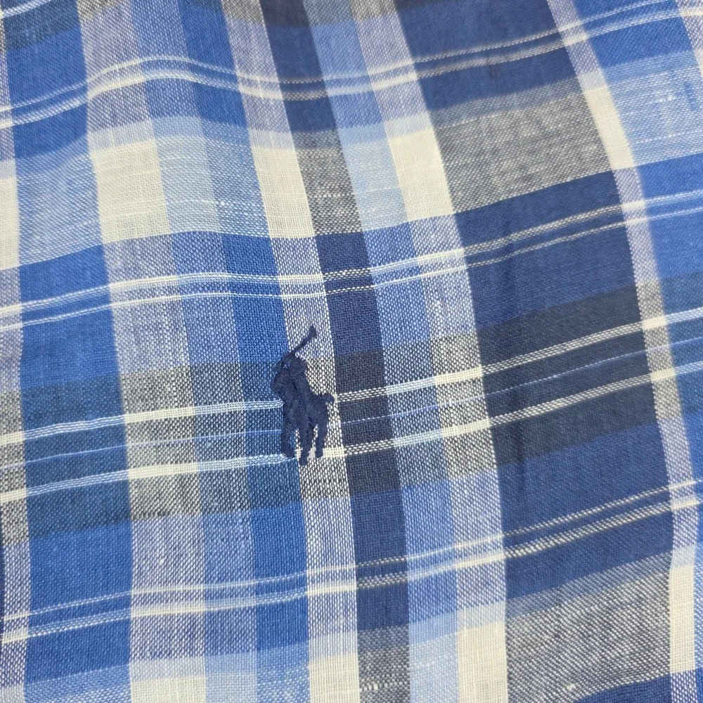 Polo Ralph Lauren Button Down Mens XL Blue White Plaid 100% Linen Classic Fit